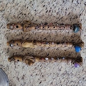 Vintage Trio of Handmade Clay Flutes Adorned With Crystals